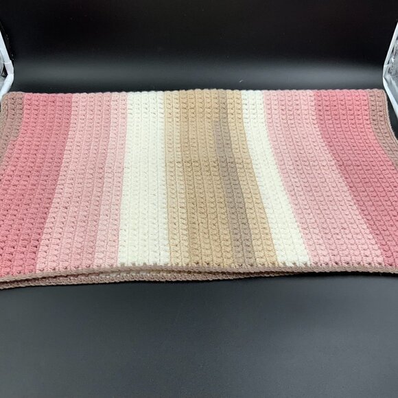 Vintage Afghan Hand Crocheted Infant Blanket 34 1/2" x 29" Mauve Tan Cream Pink - Picture 2 of 8